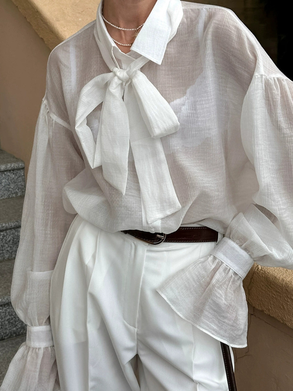 Zara Spring Summer Vintage Sheer Tencel Blouse Tie Neck Flounce Sleeve